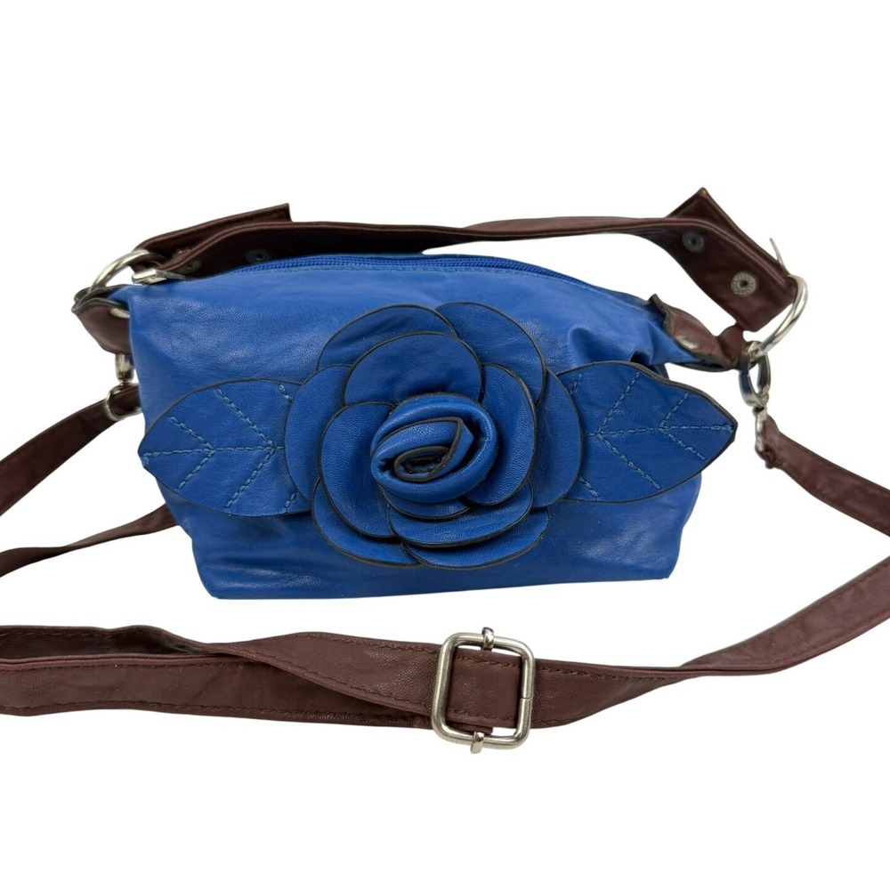 Vintage Blue Faux Leather 3D Rose Floral Crossbody Bag Small Handbag